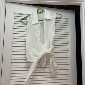 Vince White Sleeveless Tie-Front Collared Blouse